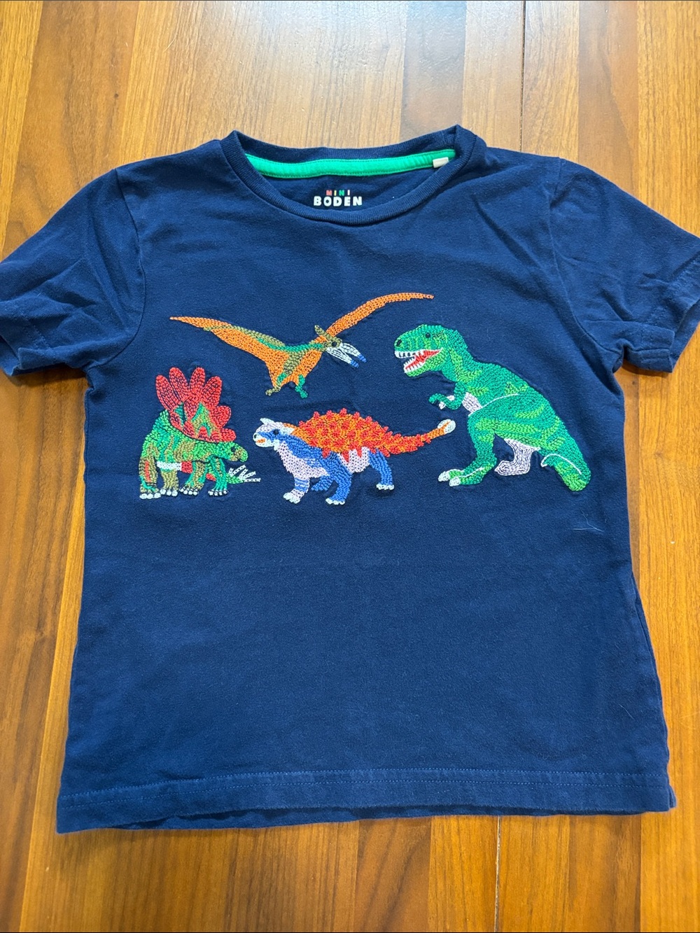 Mini Boden Navy Tee with Bright Dinosaur Appliqués